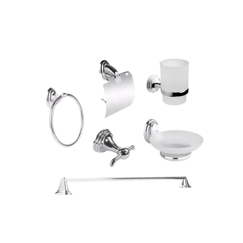 Juego de baño de 6 piezas metálico con vidrio ahumado, Aqua Plus.