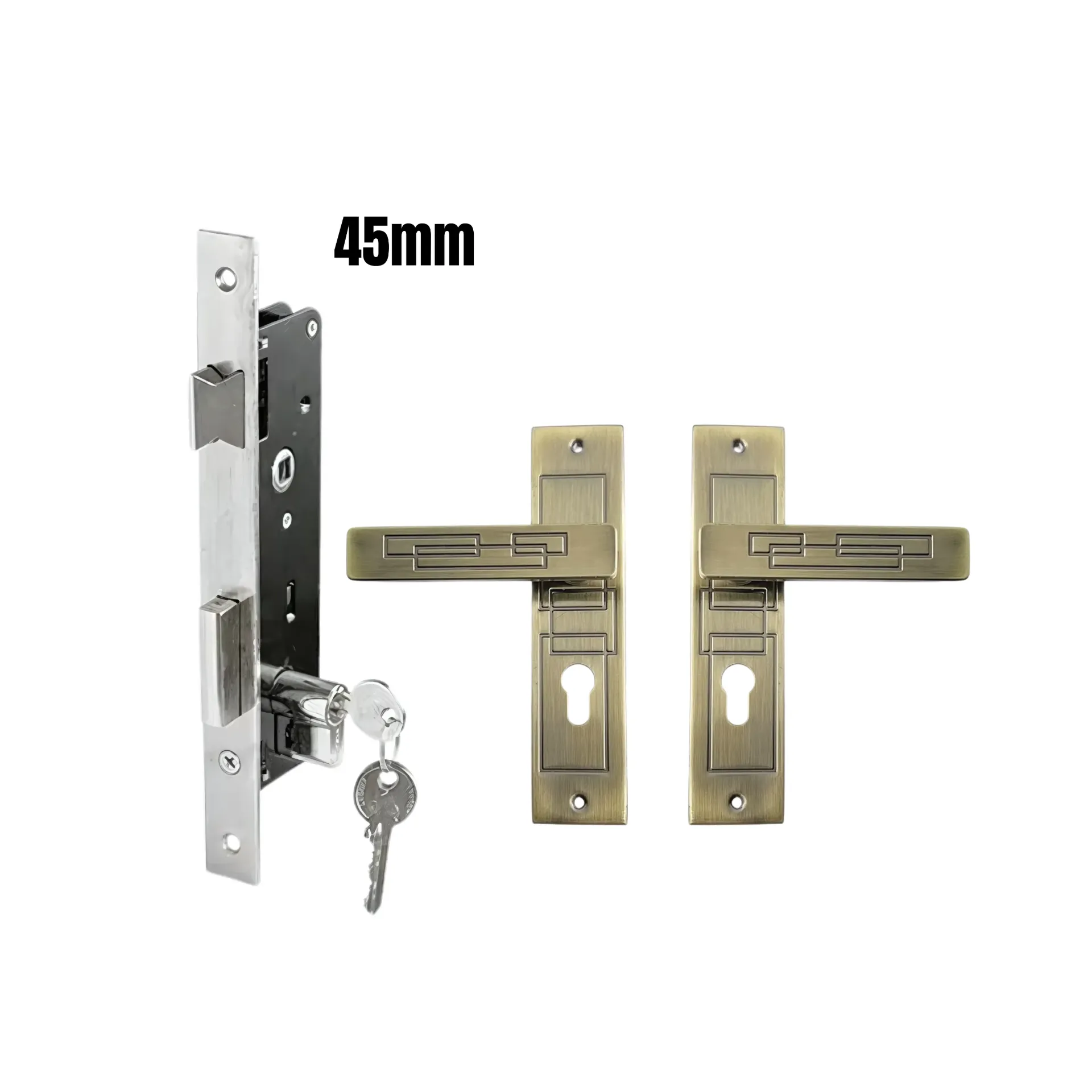 Cerradura de embutir de 45 mm con cilindro y 3 llaves + manilla móvil-móvil bronce de lujo.