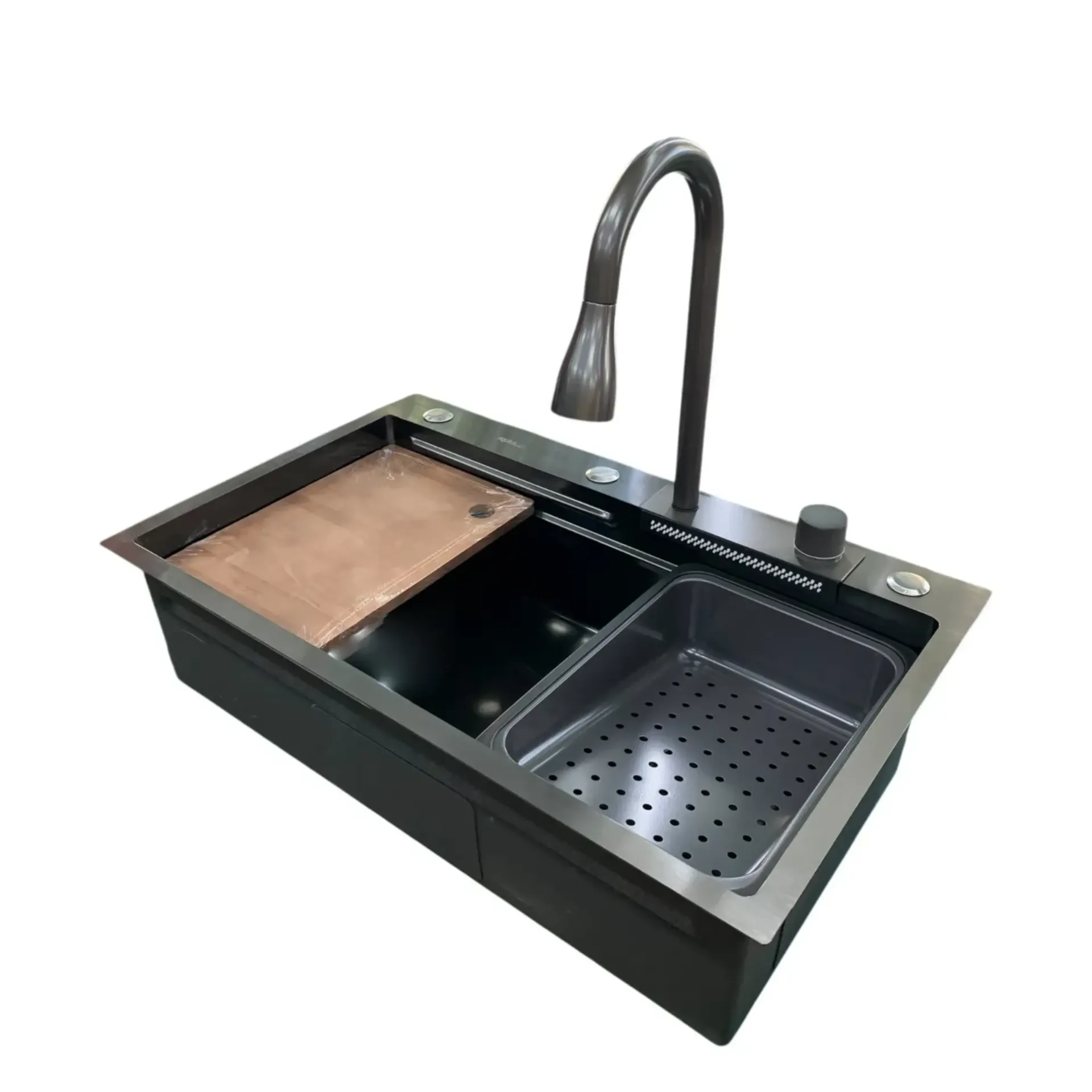Lavaplatos de lujo multifuncional acero inox, con accesorios, negro mate. 75x46