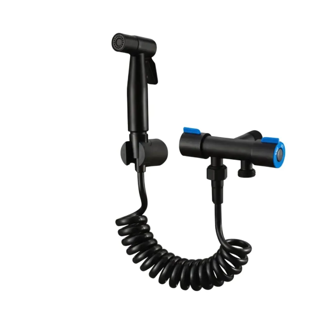 NO DISPONIBLE - PRODUCTO EN TRÁNSITO. Ducha teléfono negra de lujo, doble arresto en acero inox, Aqua Plus.